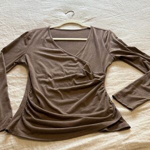 Heather brown faux wrap tee with ruching